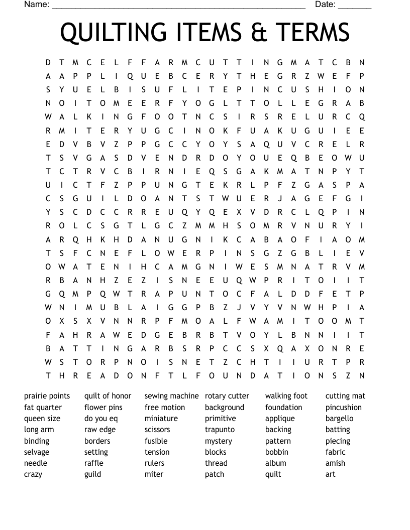 QUILTING ITEMS & TERMS Word Search