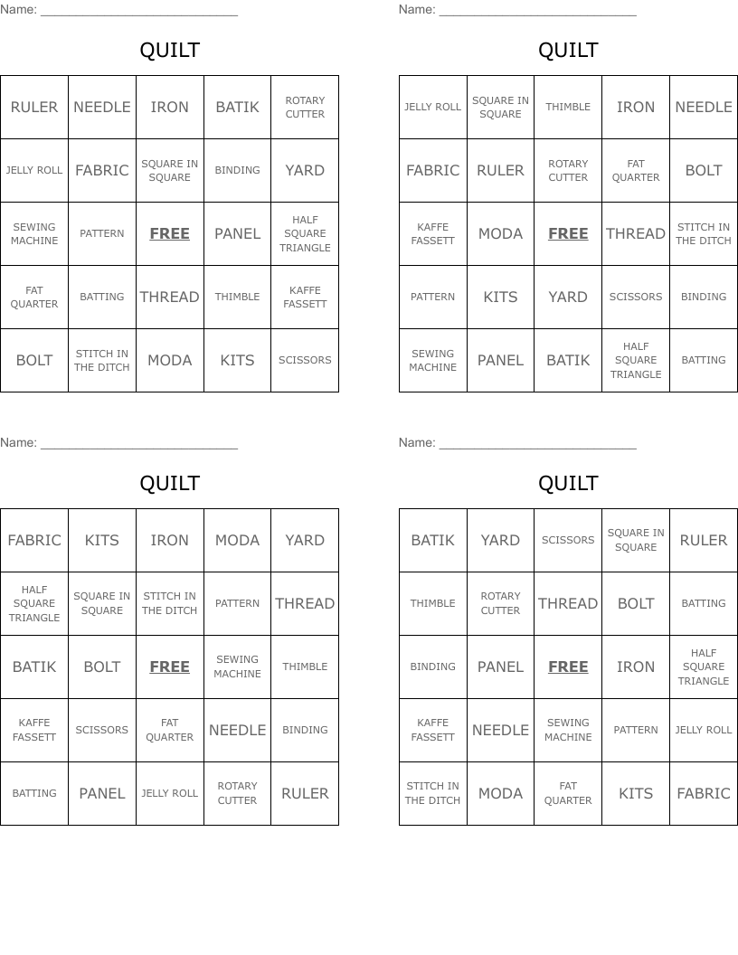 QUILT Bingo Cards