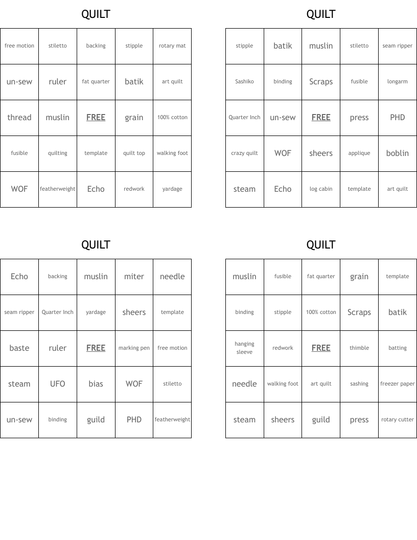 QUILT Bingo Cards
