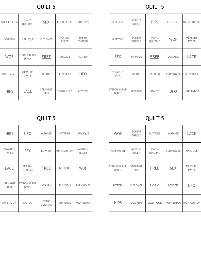 QUILT 5 Bingo Cards