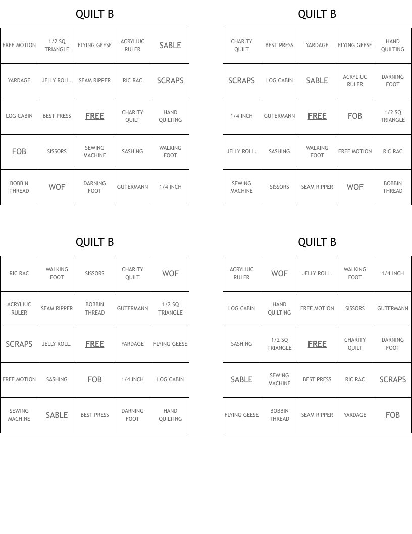 QUILT B Bingo Cards