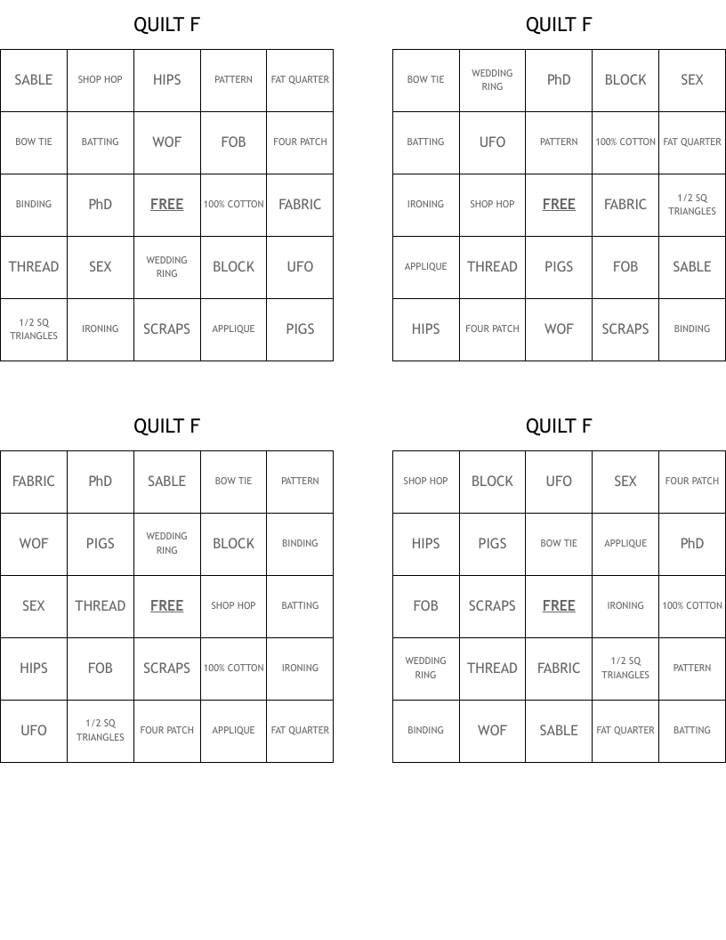 QUILT F Bingo Cards