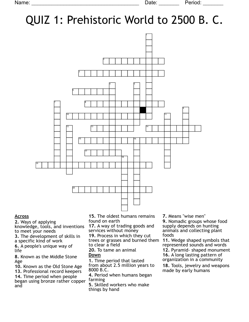 QUIZ 1: Prehistoric World to 2500 B. C. Crossword