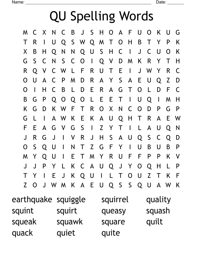 QU Spelling Words Word Search