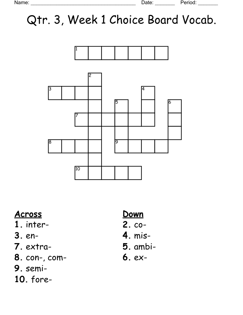 Qtr. 3, Week 1 Choice Board Vocab.  Crossword