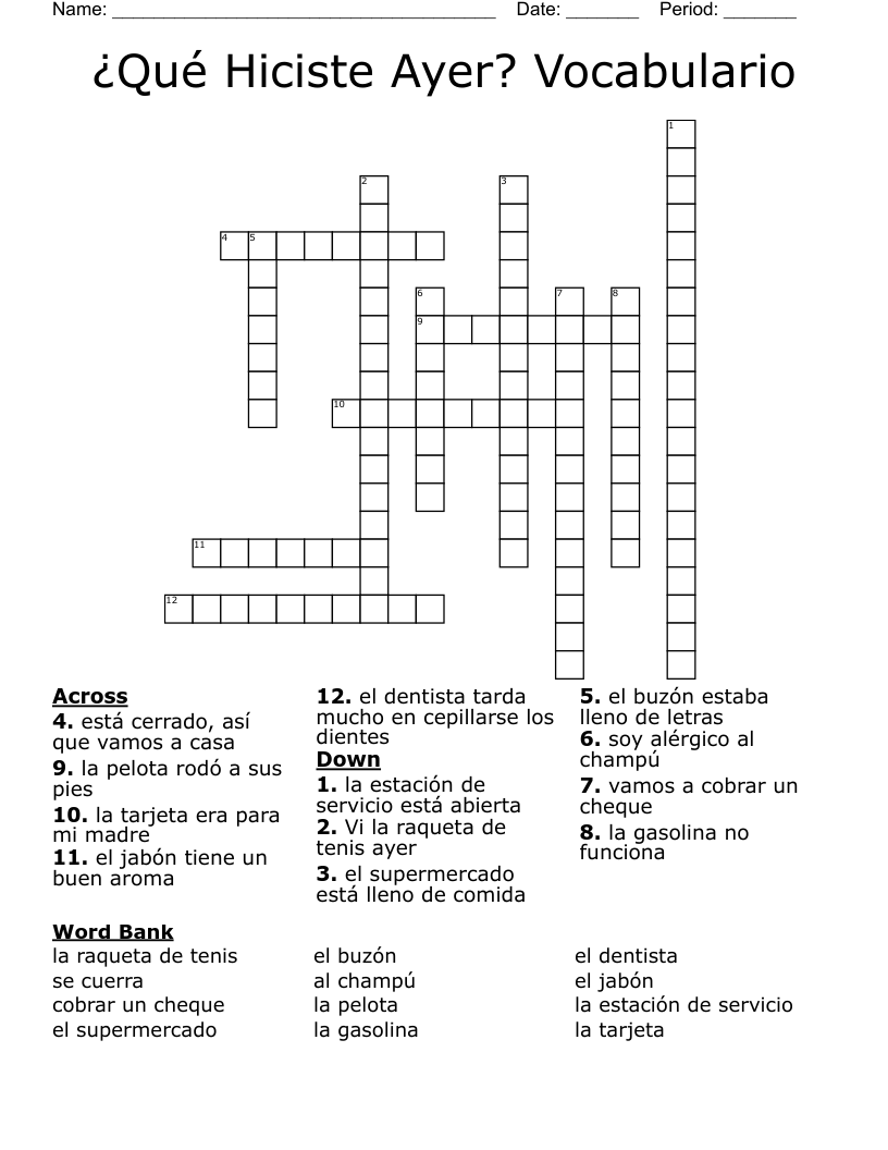 ¿Qué Hiciste Ayer? Vocabulario Crossword