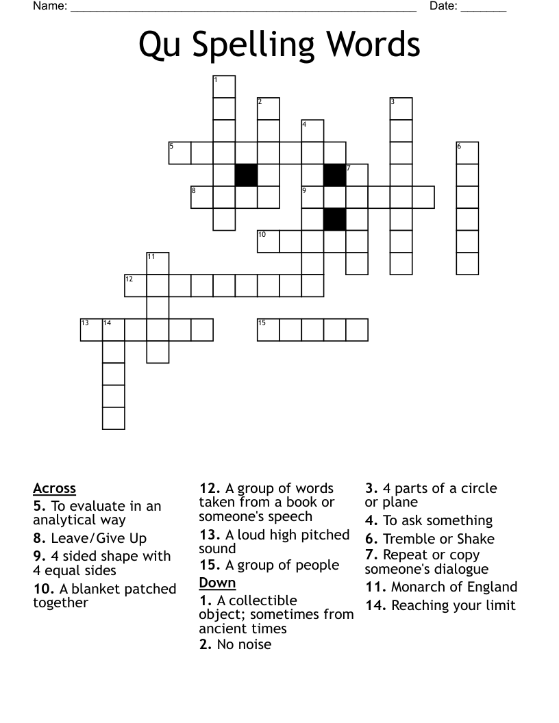 Qu Spelling Words Crossword