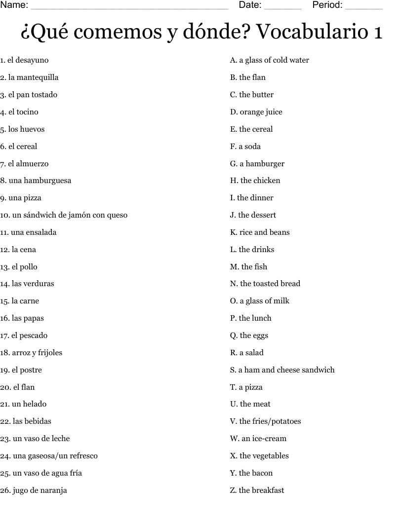 ¿Qué comemos y dónde? Vocabulario 1 Worksheet