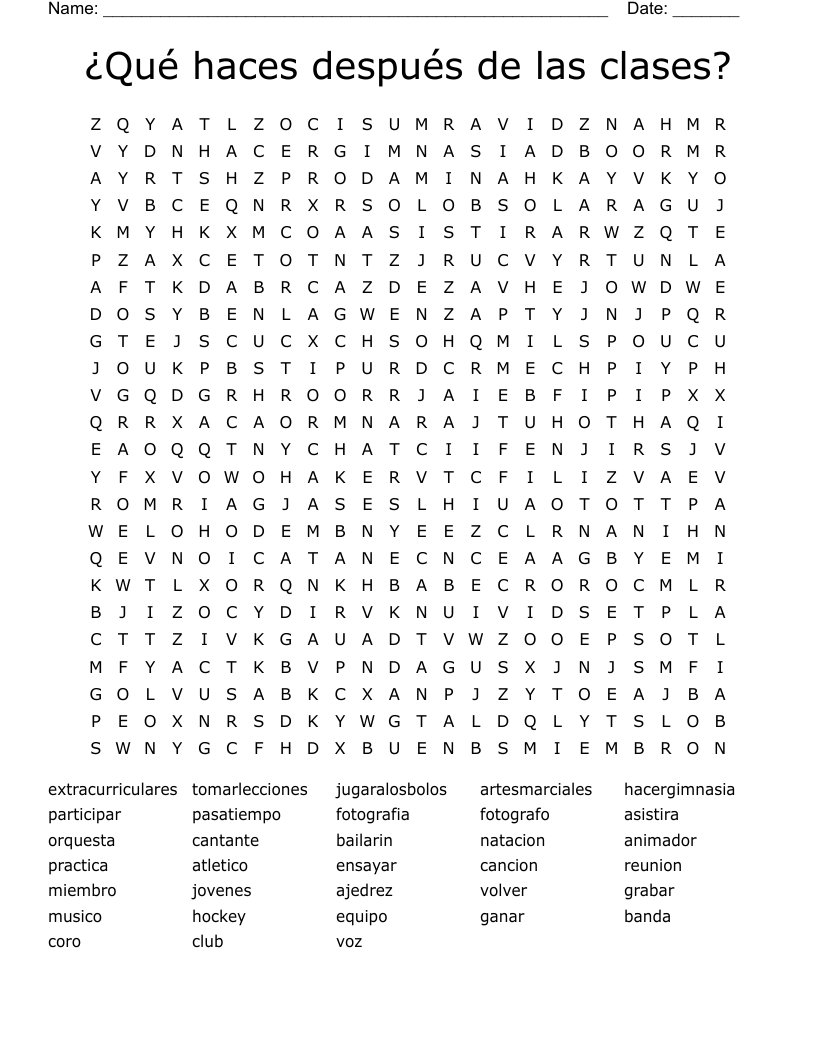 ¿Qué haces después de las clases? Word Search