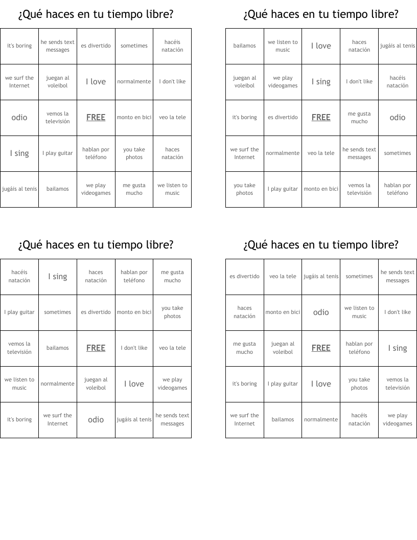 ¿Qué haces en tu tiempo libre? Bingo Cards