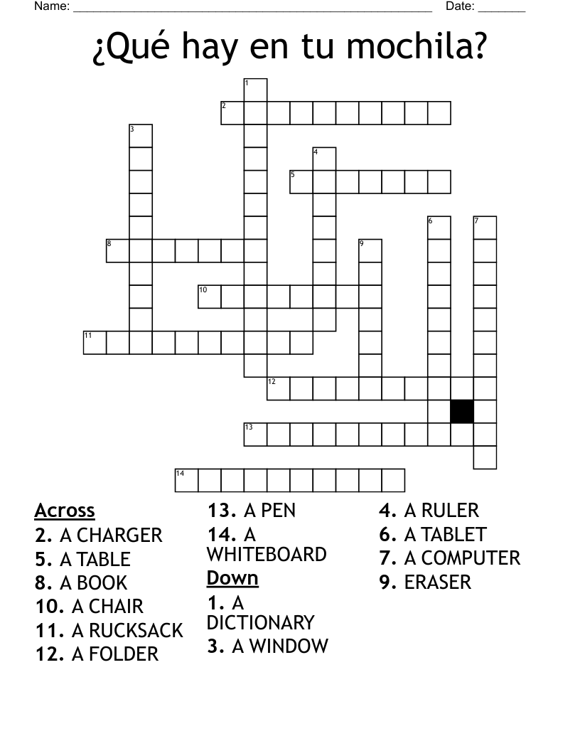 ¿Qué hay en tu mochila? Crossword
