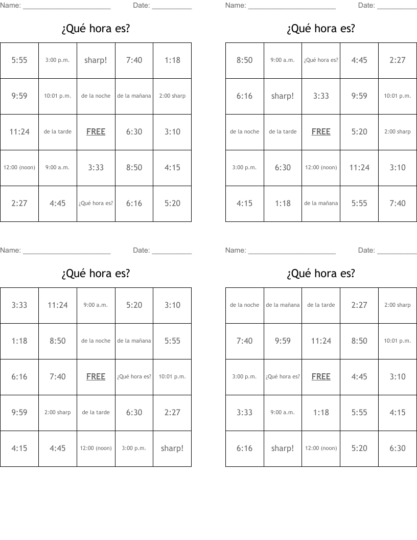 ¿Qué hora es? Bingo Cards