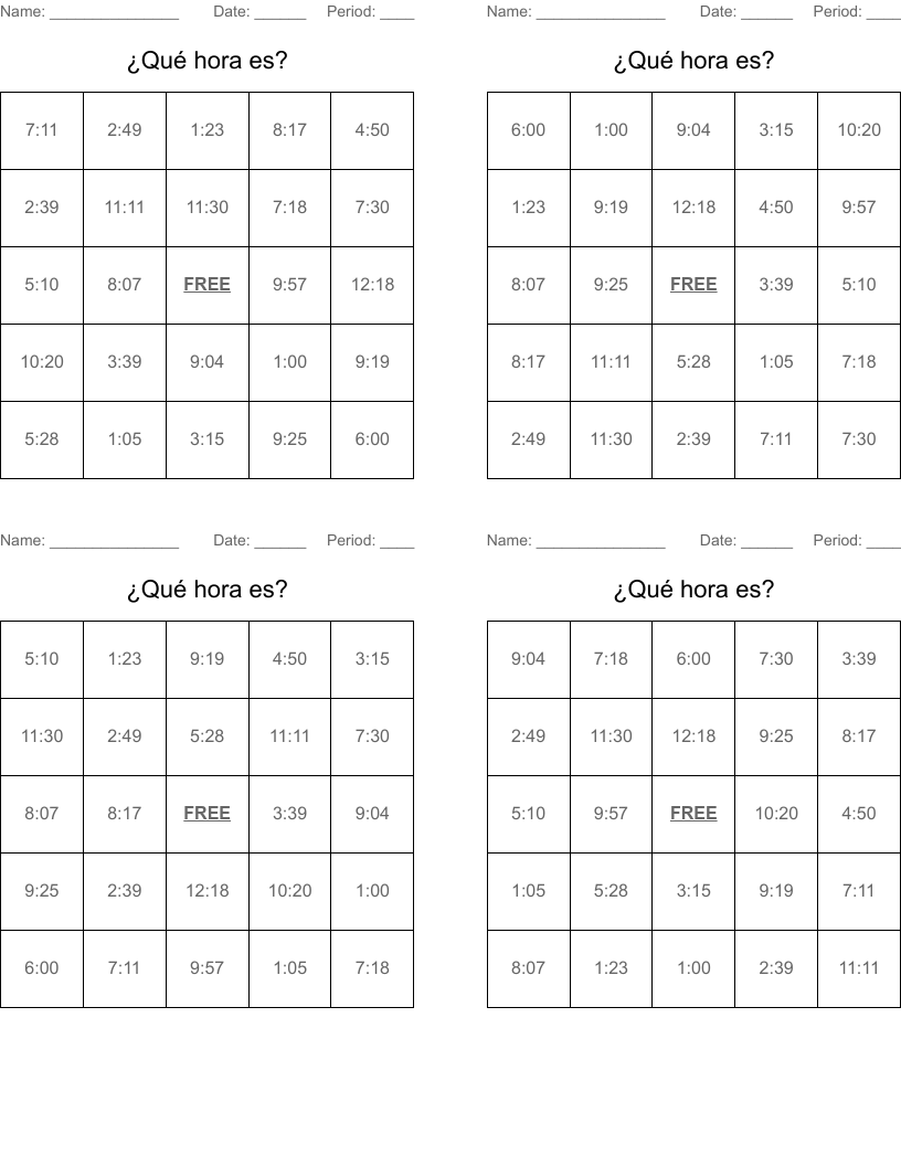 ¿Qué hora es? Bingo Cards