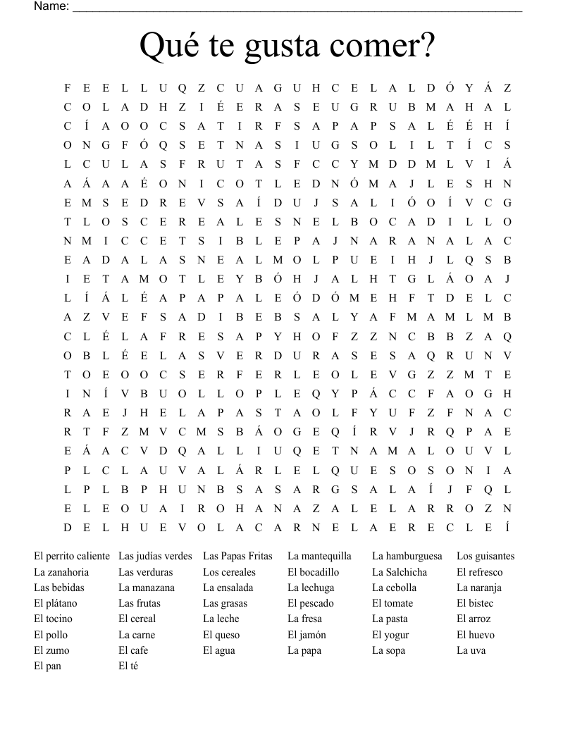 Qué te gusta comer? Word Search