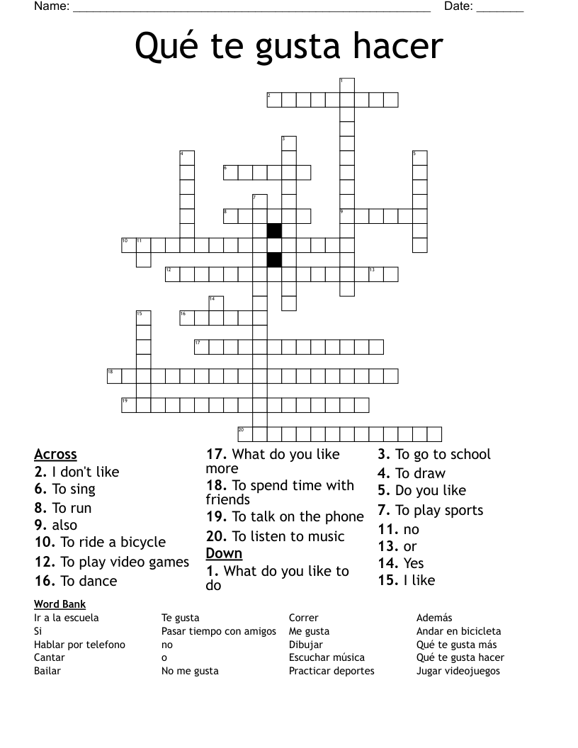 Qué te gusta hacer Crossword