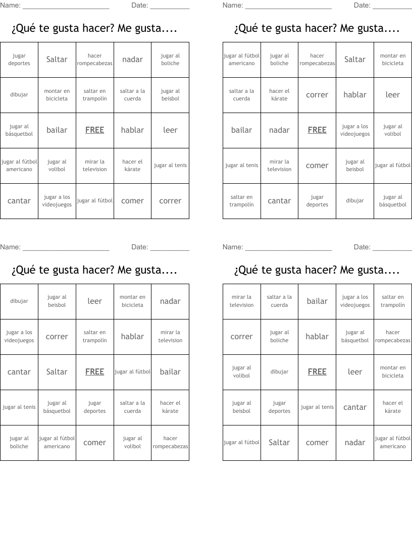 ¿Qué te gusta hacer? Me gusta.... Bingo Cards