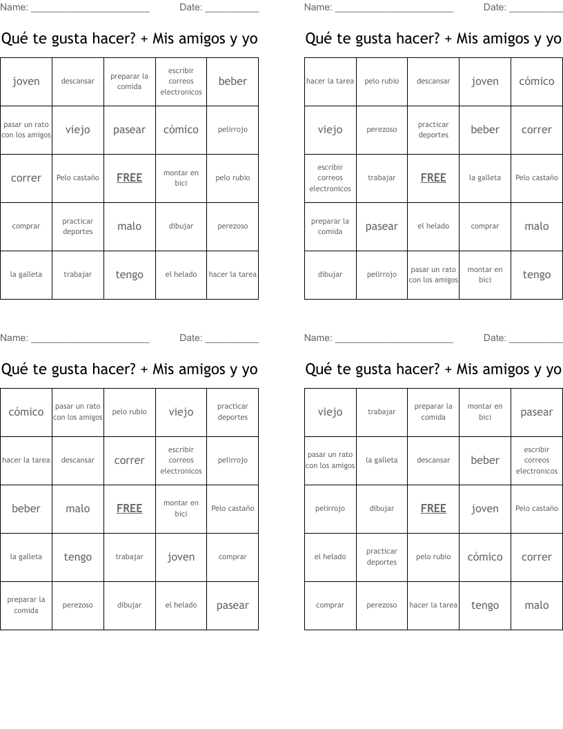 Qué te gusta hacer? + Mis amigos y yo Bingo Cards