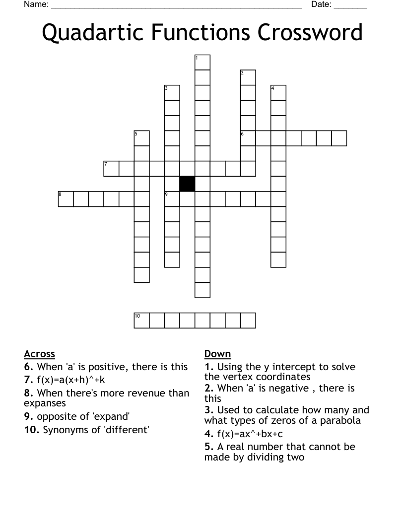 Quadartic Functions Crossword