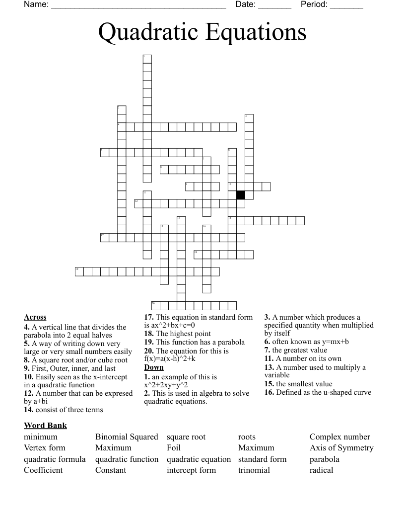 Quadratic Equations Crossword