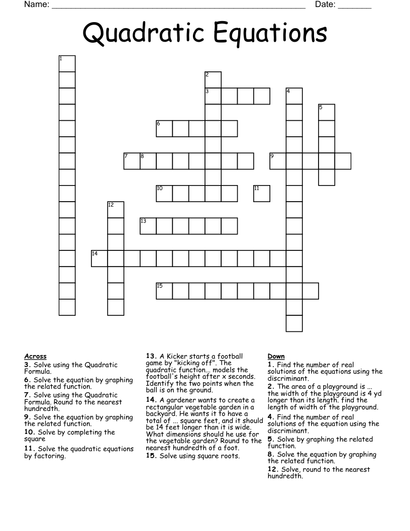 Quadratic Equations Crossword