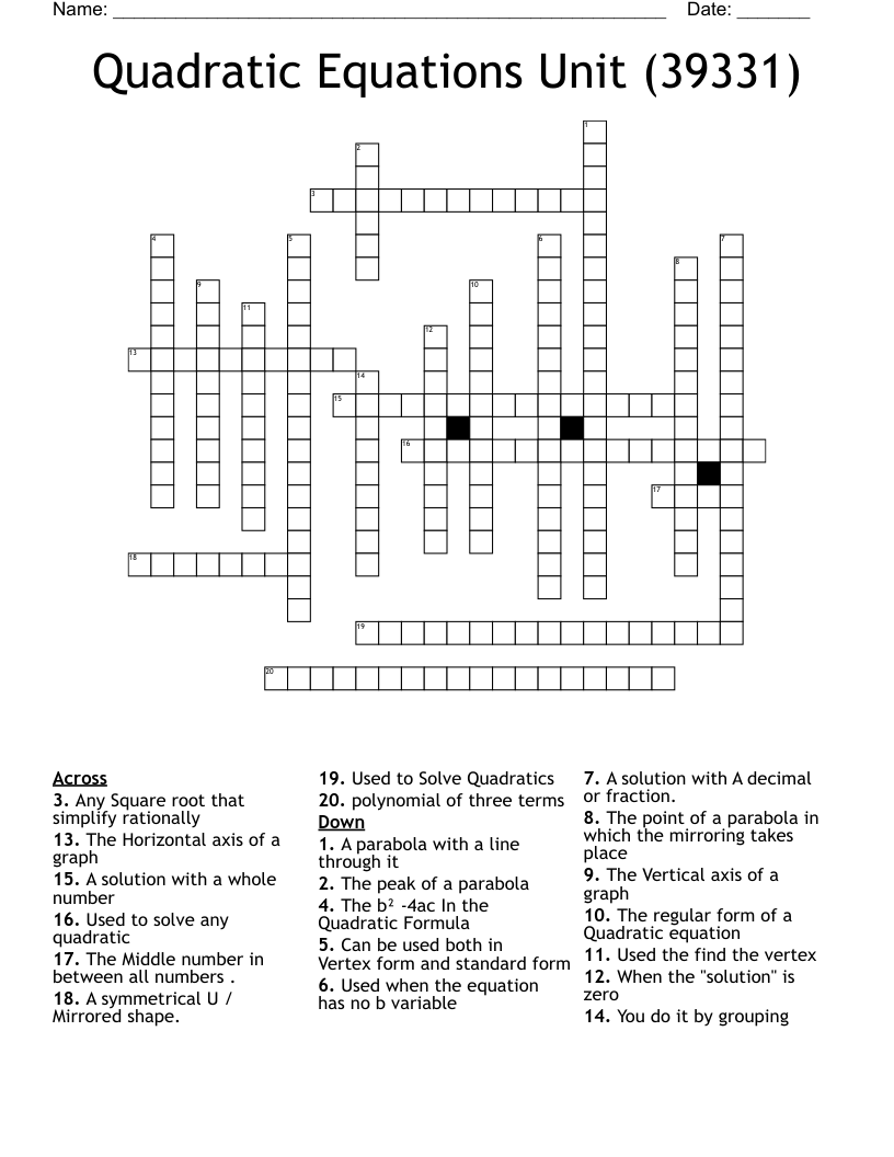 Quadratic Equations Unit (39331) Crossword