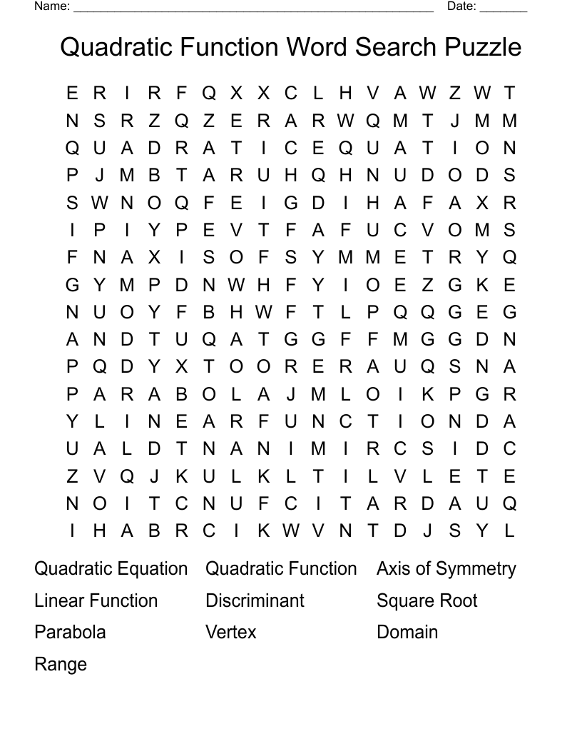 Quadratic Function Word Search Puzzle