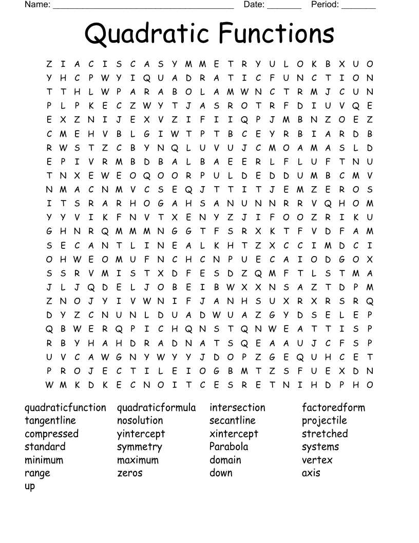 Quadratic Functions Word Search