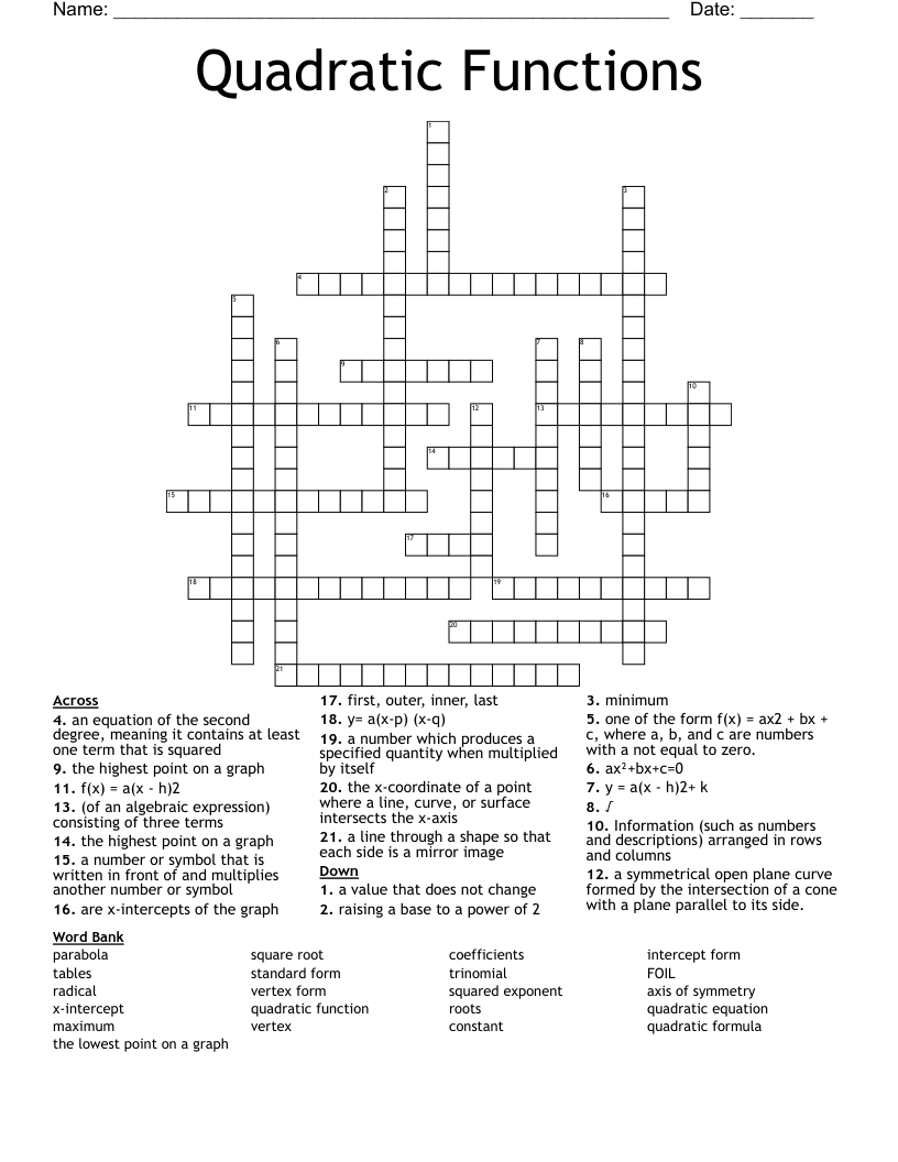 Quadratic Functions Crossword