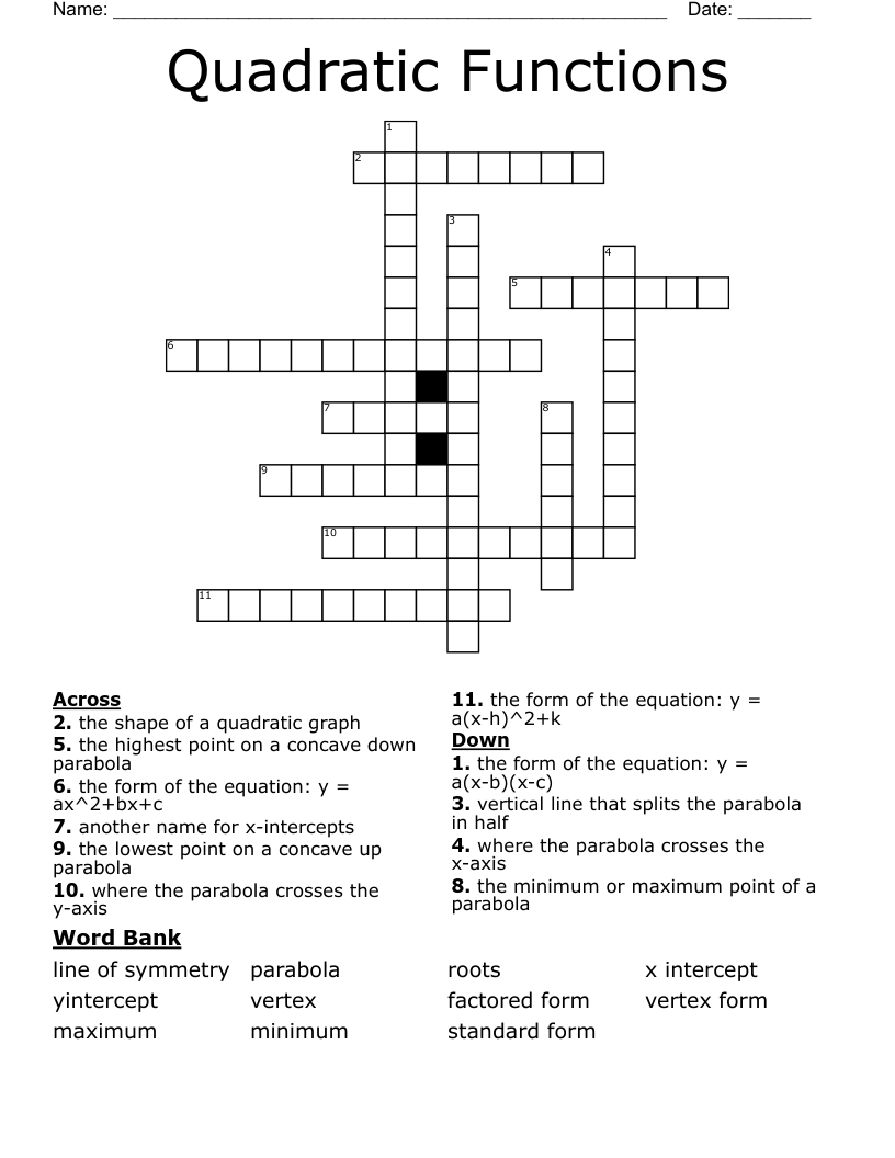 Quadratic Functions Crossword