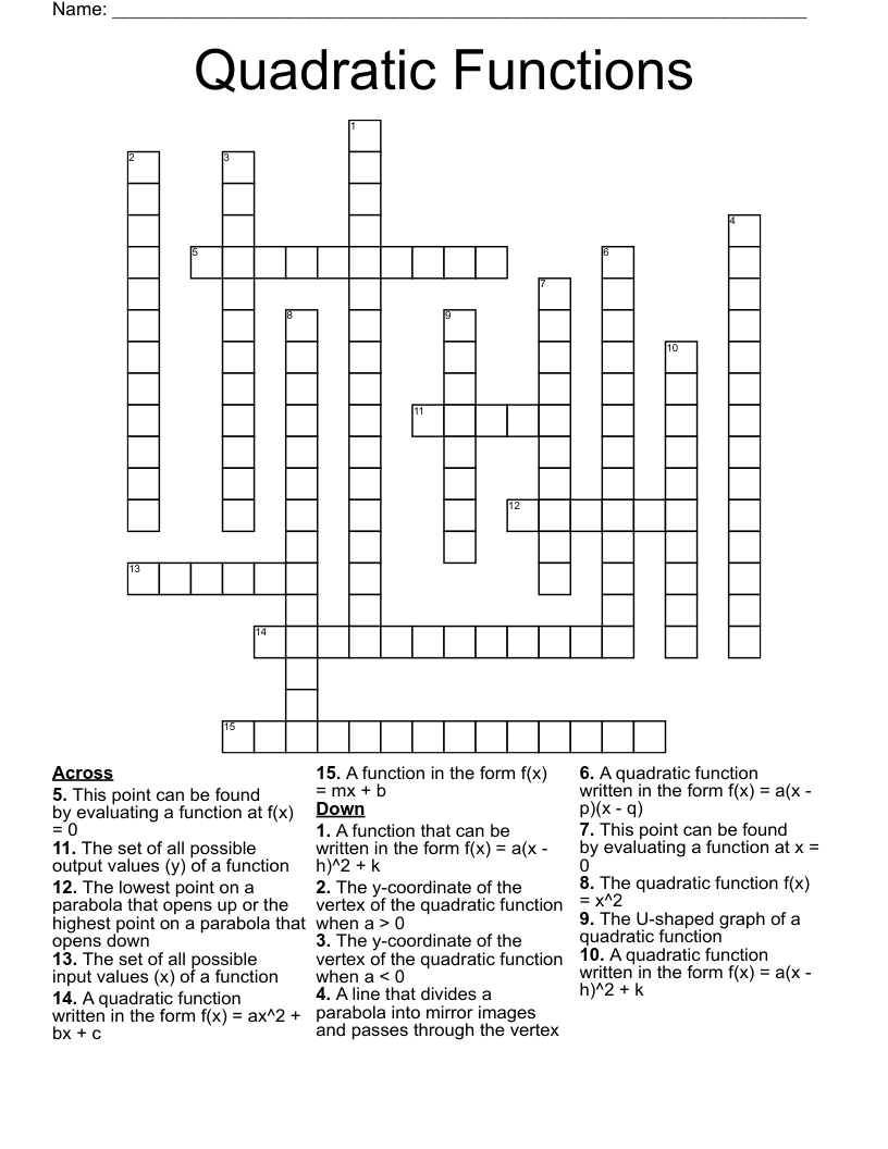 Quadratic Functions Crossword