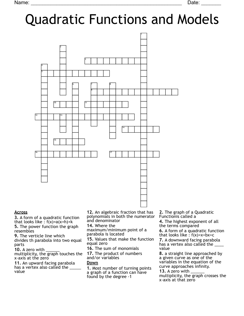 Quadratic Functions and Models Crossword