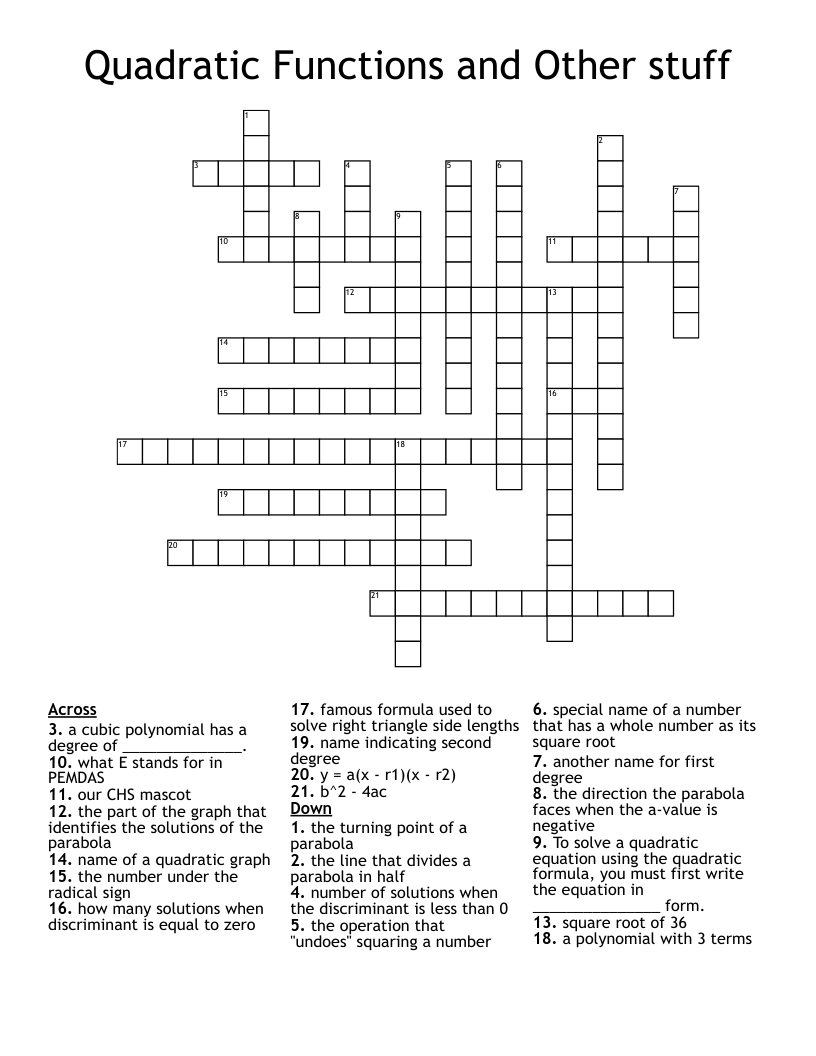 Quadratic Functions and Other stuff Crossword