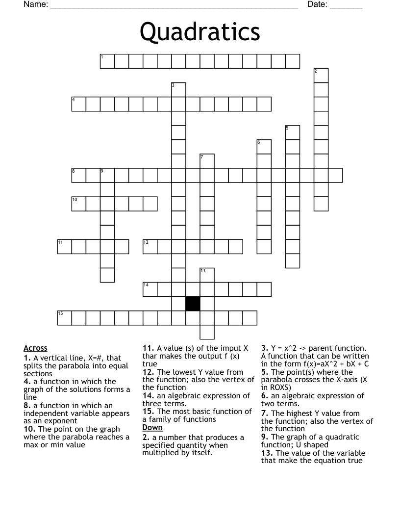 Quadratics Crossword