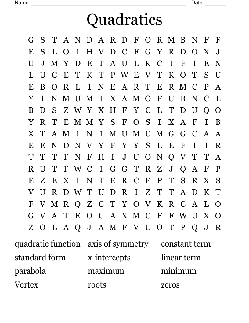 Quadratics Word Search