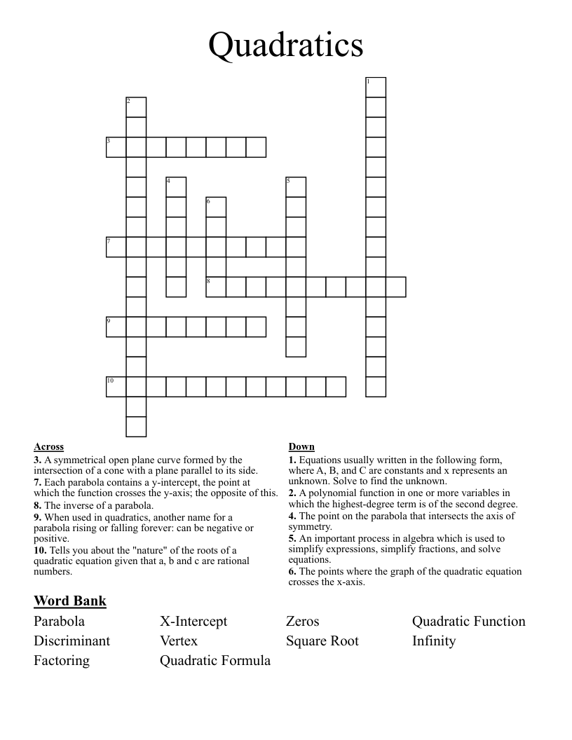 Quadratics Crossword