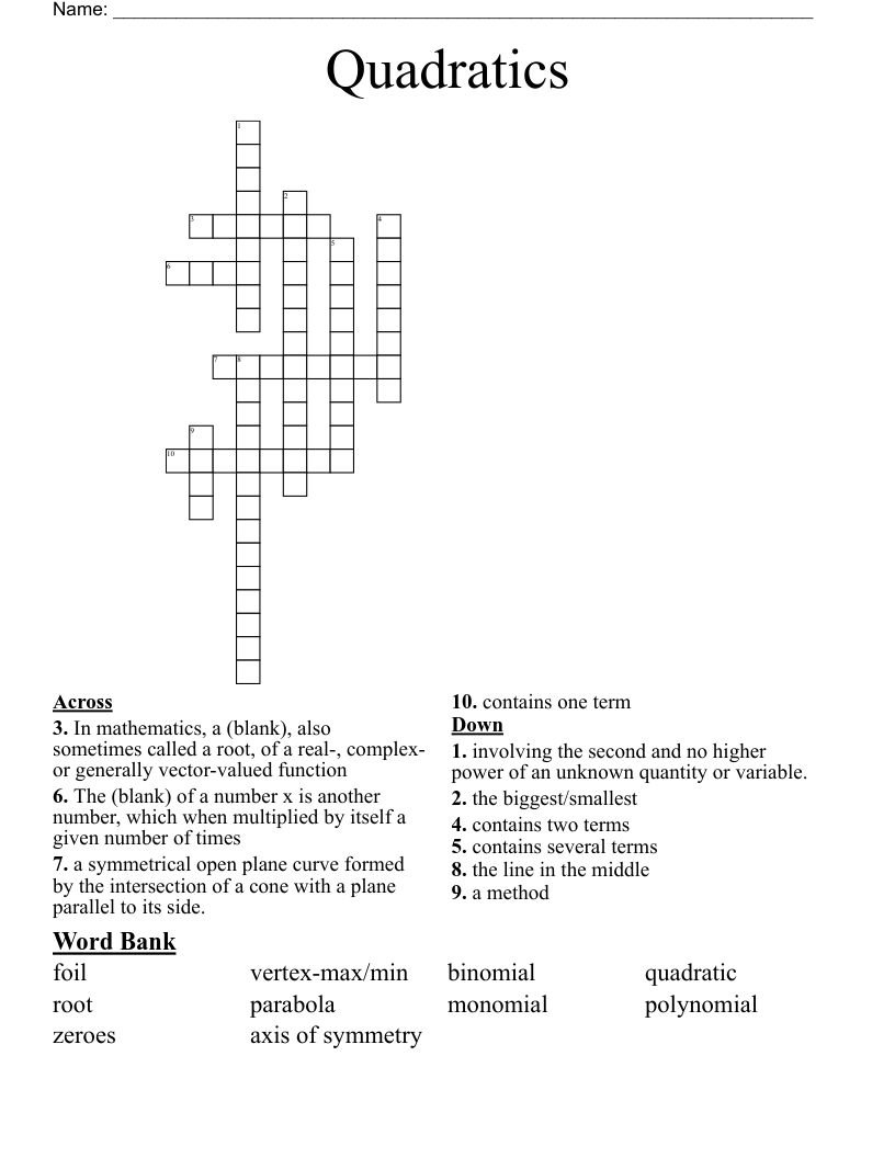 Quadratics Crossword