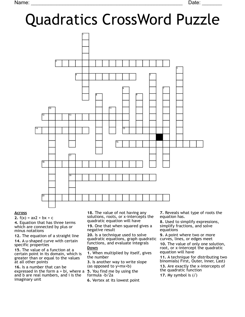 Quadratics CrossWord Puzzle