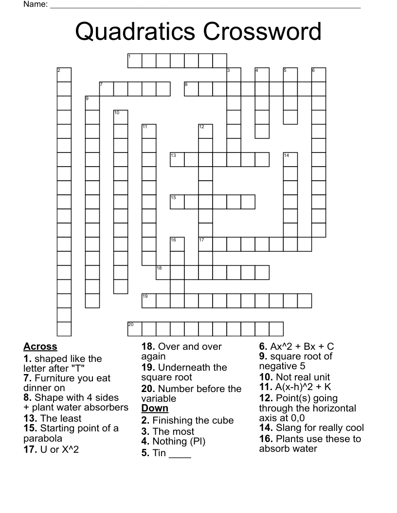 Quadratics Crossword