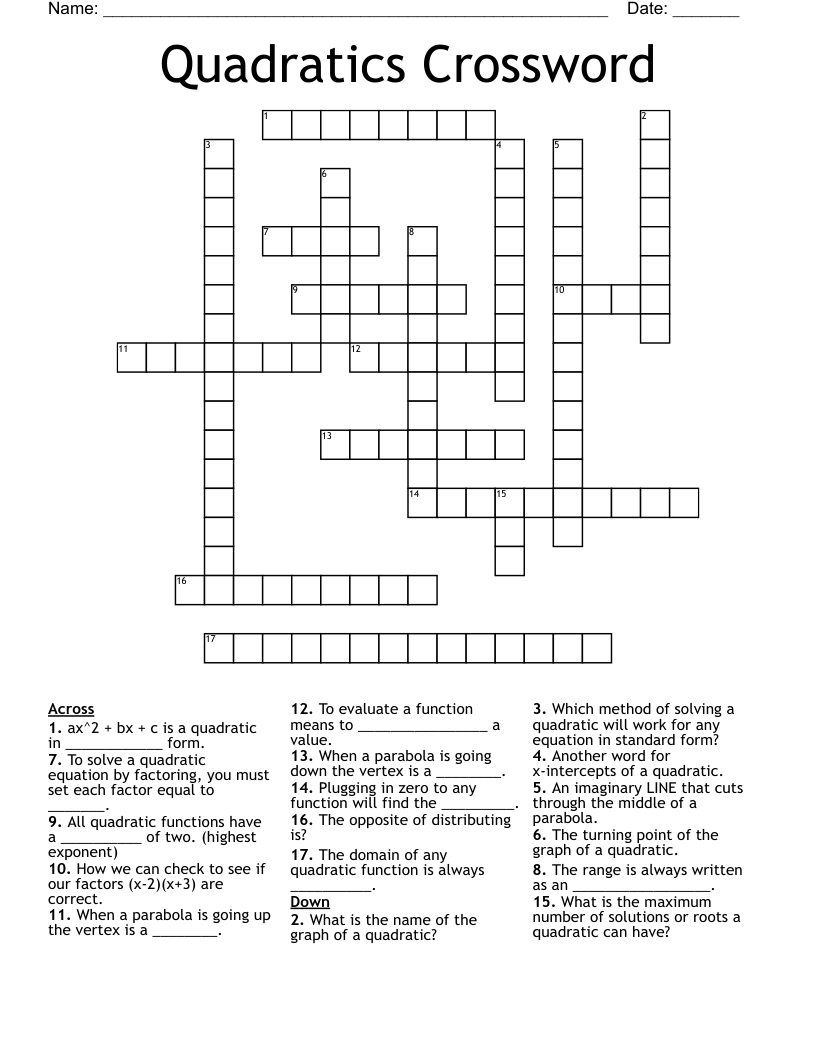 Quadratics Crossword