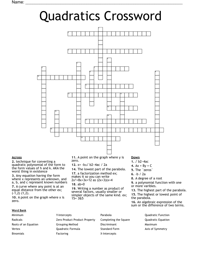 Quadratics Crossword