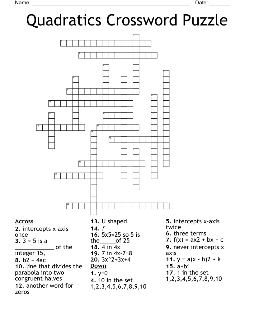 Quadratics Crossword Puzzle