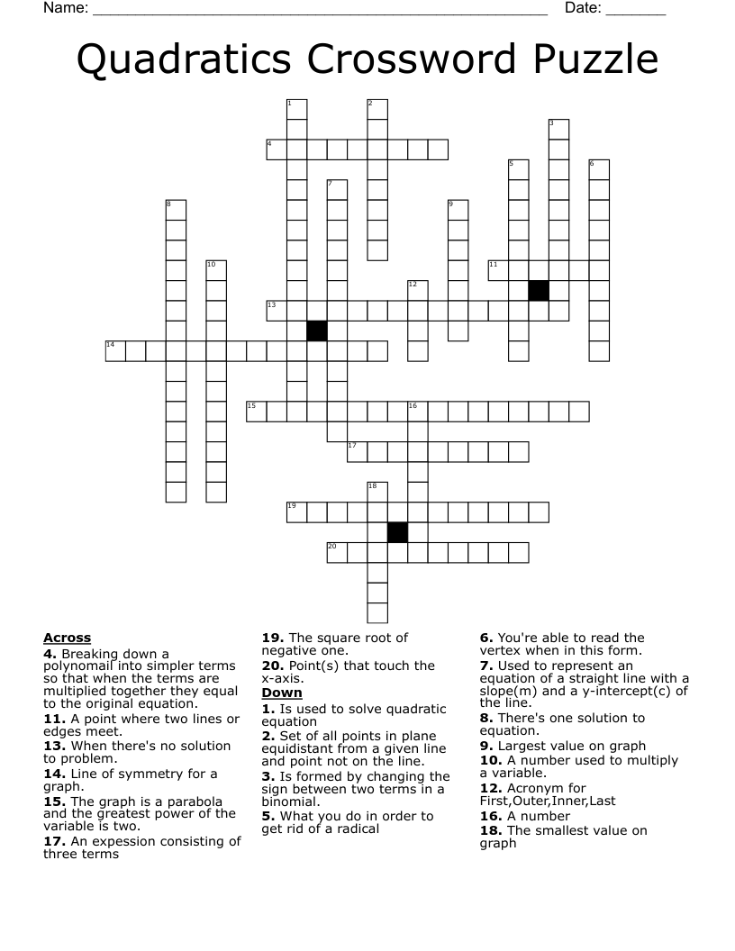 Quadratics Crossword Puzzle
