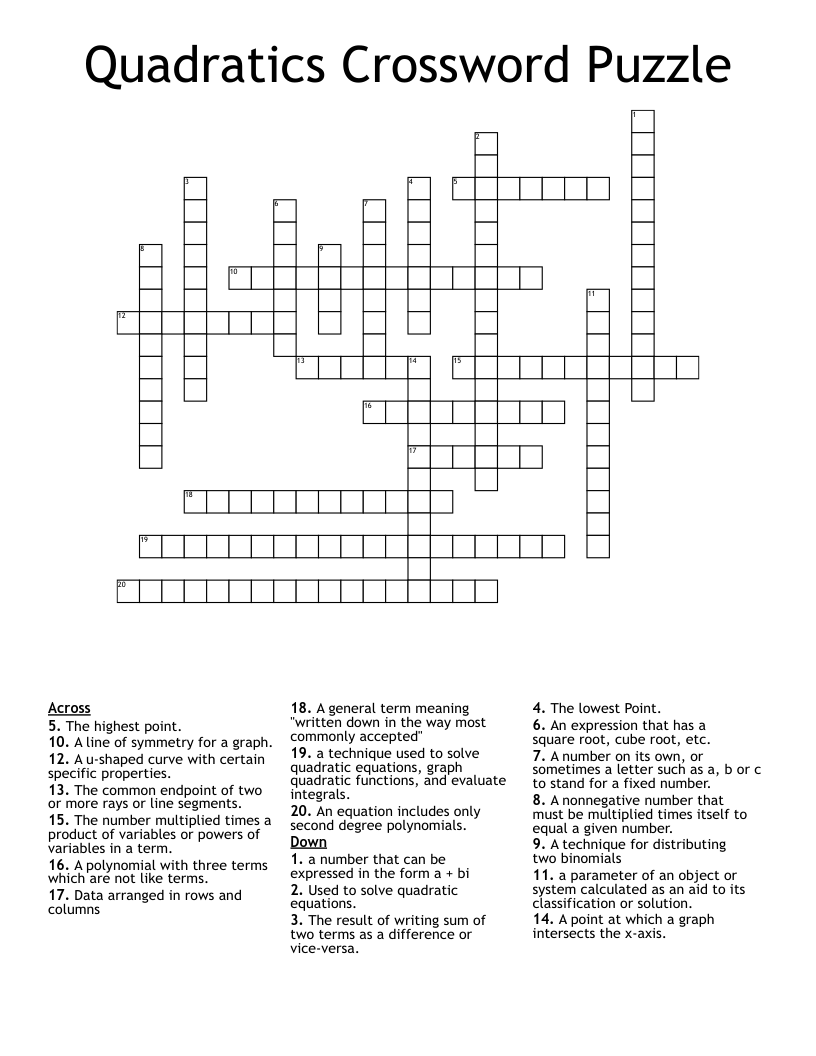 Quadratics Crossword Puzzle