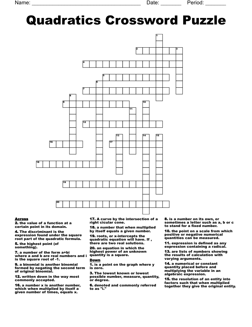Quadratics Crossword Puzzle
