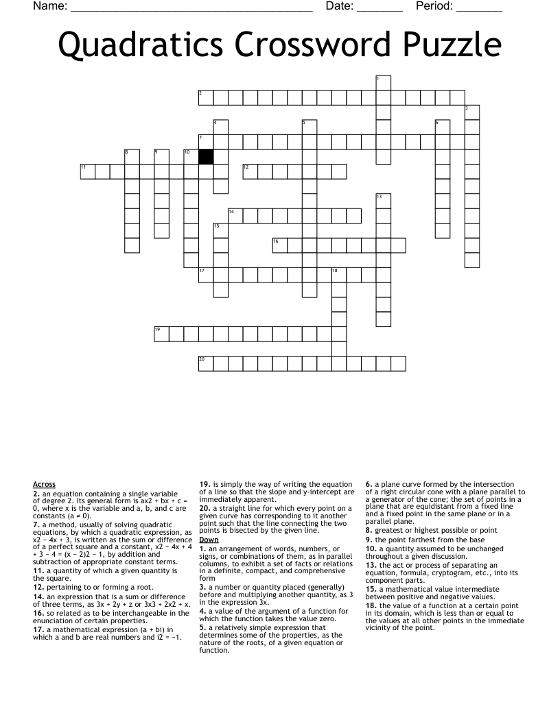 Quadratics Crossword Puzzle