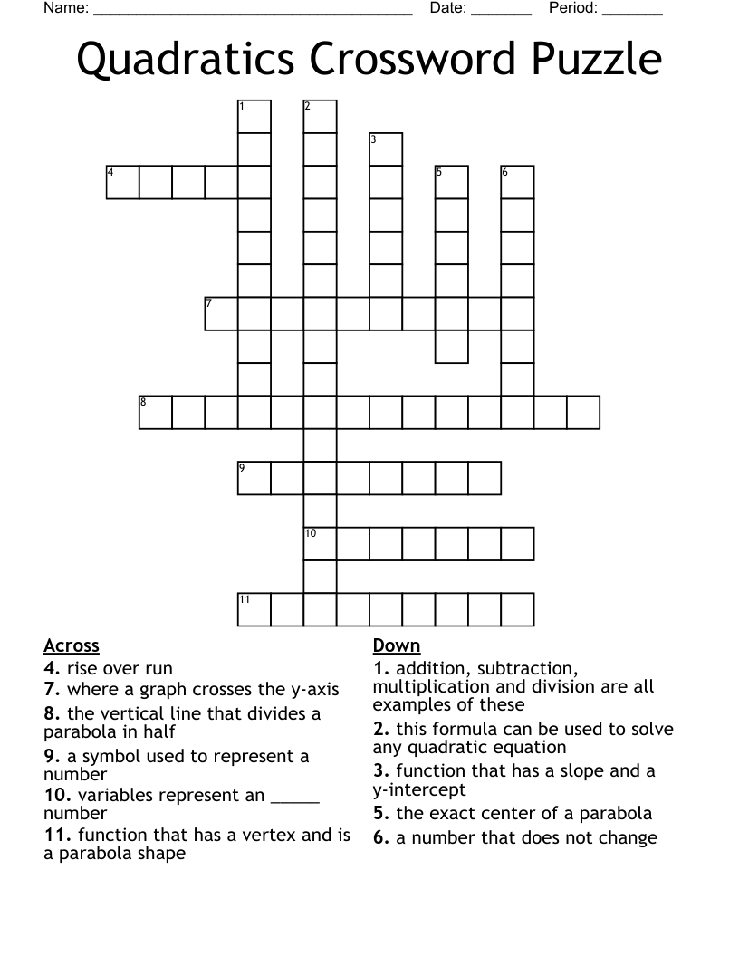 Quadratics Crossword Puzzle
