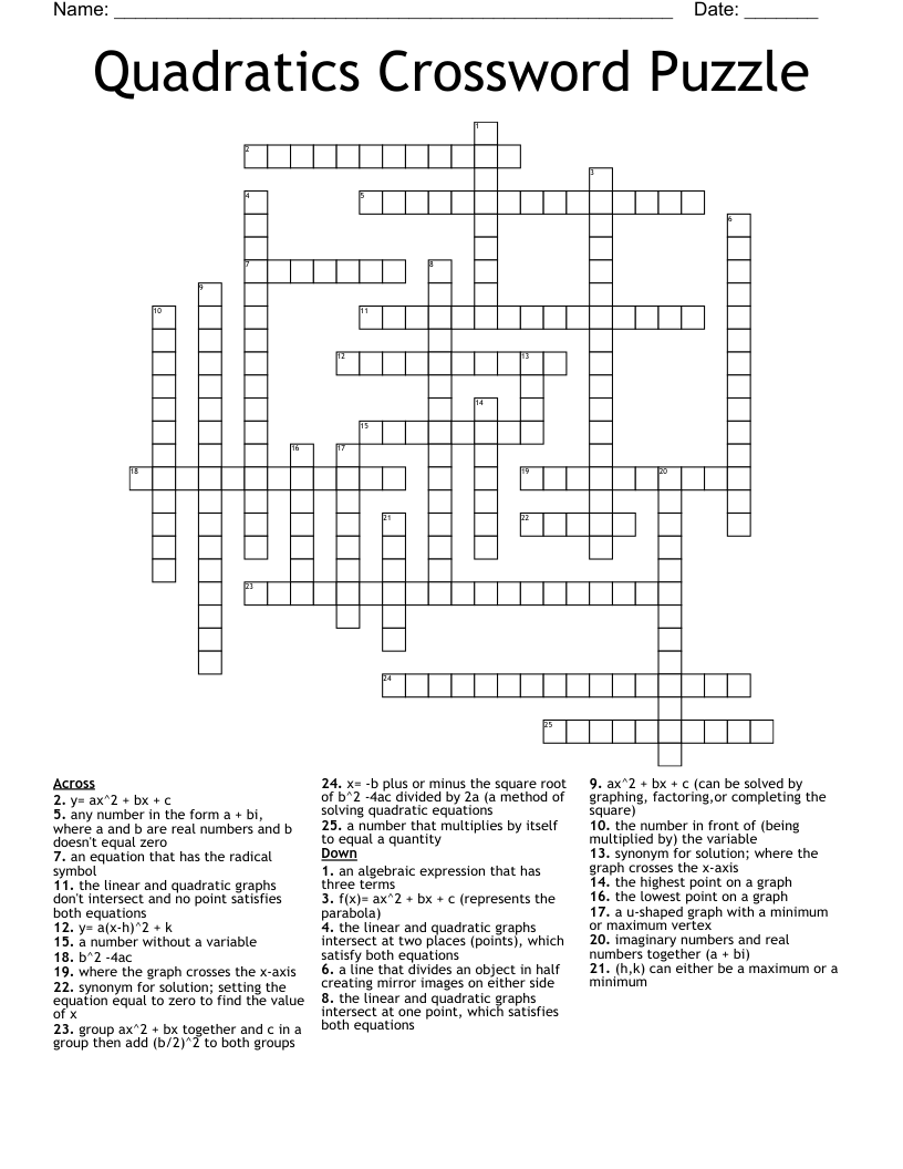Quadratics Crossword Puzzle