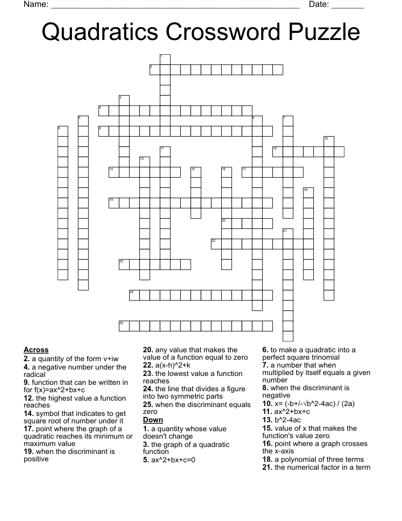 Quadratics Crossword Puzzle