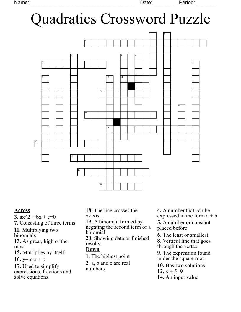 Quadratics Crossword Puzzle