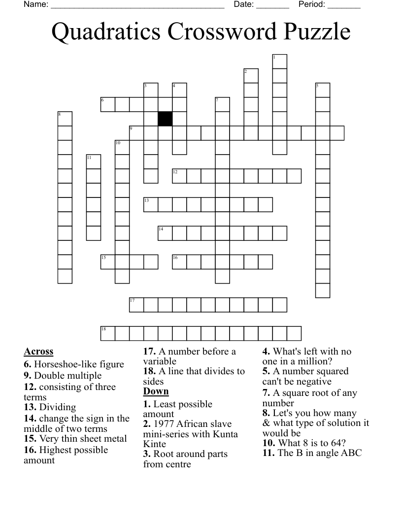 Quadratics Crossword Puzzle 